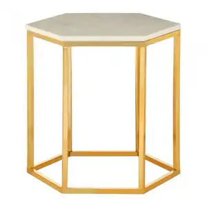 Meja heksagonal berlapis emas mengkilap, dekorasi furnitur meja sudut atas marmer sesuai pesanan ruang tamu samping tempat tidur