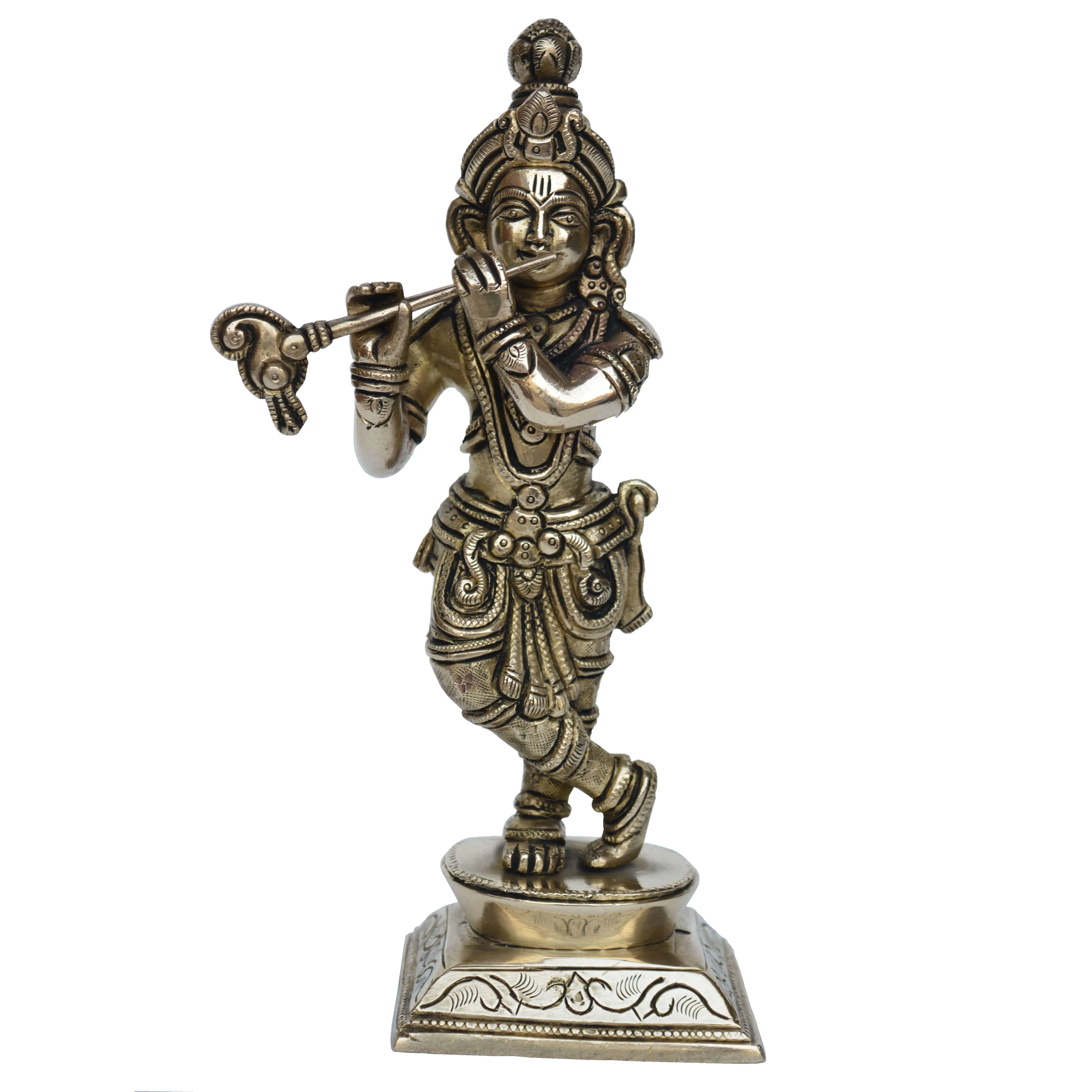 Latão Senhor Krishna brincando com flauta com acabamento antigo bronze estátua decorativa artesanato indiano estátua