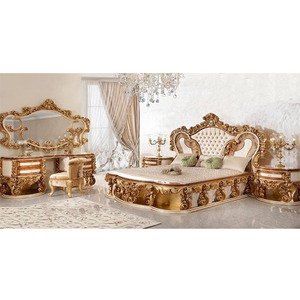 Ensemble de meubles de chambre à coucher en teck massif doré et blanc de luxe, style français moderne, léger, taille et design personnalisables - Product Image 1
