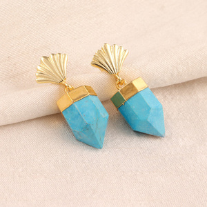 Bullet Shape Howlite Blue Turquoise Leaf Designer studded <b>Earring</b> Brass 18k <b>Gold</b> Plated Wedding Wear for Women Jewelry <b>Earrings</b> - Product Image 1