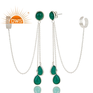 Pendientes de Ónice Verde Natural, Proveedor de Joyería Fina, Diseñador, Plata 925, Pendientes Largos con Cadena, Colección Clásica - Product Image 2