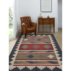 Tapis indien en laine avec impression vintage, accessoire de chambre à coucher, fait à la main, style naturel, pour salon et bureau