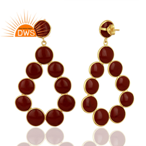 Pendientes colgantes de gota de piedras preciosas de jaspe rojo multi plata de ley chapada en oro amarillo indio fabricante colección clásica - Product Image 3