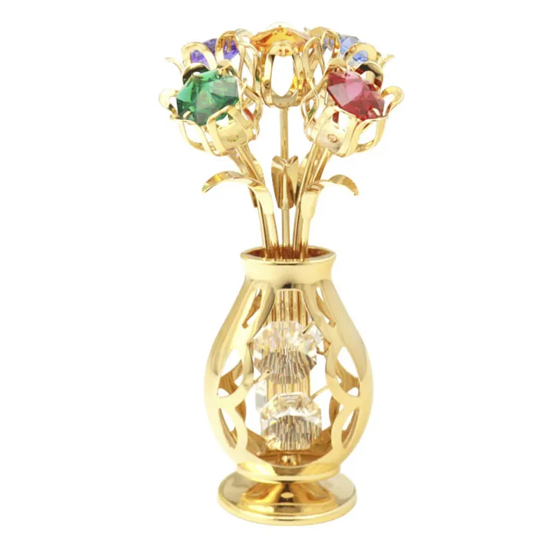 Crystocraft Luxury 24k Gold Plated Roses Flower Vase Figurine With Brilliant Cut Crystals Birthday Present For Mom Mother Gift