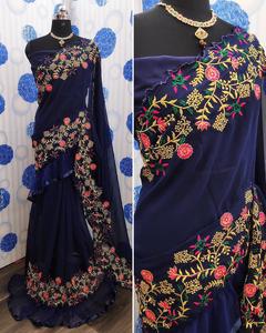 Nouveauté Bollywood Style Banarasi Saree en soie douce avec chemisier non cousu Belle bordure brodée de couleur bleue Moins en Surat Ethnique - Product Image 4