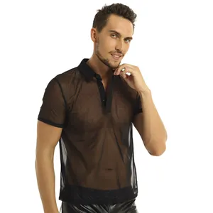 New fashion adults button up transparent shirt men hip pop night out club purple shiny sexy sheer mesh Shirt