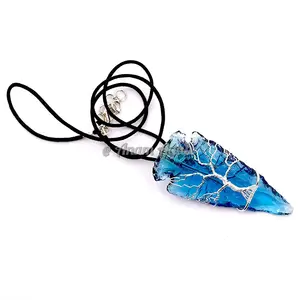 Pabrik Harga Grosir Kaca Biru Arrowhead Pohon Kehidupan Wire Wrapped Gemstone Liontin