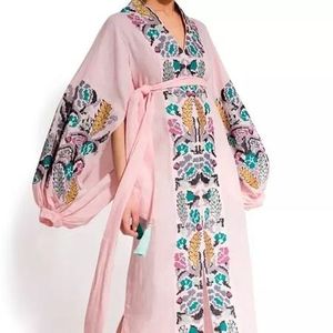 Vestido de invierno indio para mujer, vestido bohemio de manga larga con cuello de pico bordado a mano con cinturón - Product Image 3