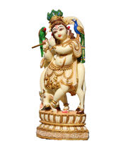 Kerajinan Tangan Nirmala NH04307 Patung Sapi Krishna Berwarna Putih dari Resin Poliester yang Dibuat dengan Tangan, Memainkan Seruling, untuk Dekorasi Rumah, Buatan Rajasthan