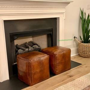 SET of 2 Square <b>Poufs</b>, Leather Moroccan <b>Pouf</b>. Handmade Ottoman <b>Pouf</b> , Handmade Puff, Moroccan - Product Image 1