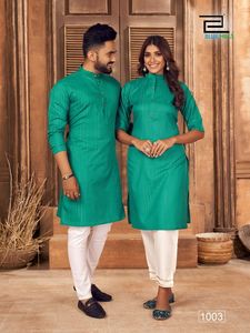 Magnifique ensemble Kurta et Kurti en coton pour couple assorti, avec doublure en tissage argenté - Product Image 3