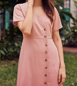 Robe pour femme en lin 100% rose pâle, fabriquée en Inde, col en V, manches courtes, formelle, sexy, longueur genou, respirante - Product Image 6