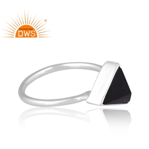 แหวนพลอยโอนิกซ์สีดำธรรมชาติสีเงินบริสุทธิ์สำหรับ925แหวนวางซ้อนกันได้ดีไซน์สามเหลี่ยม - Product Image 3