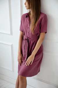 Nouvelle arrivée Robe en lin pour femme, couleur violet cerise, col rabattu, crêpe unie, manches courtes, longueur genou - Product Image 3