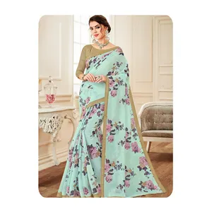 Top Quality attraente migliore lino con stampa floreale sari caldo vendita cotone sari al miglior prezzo