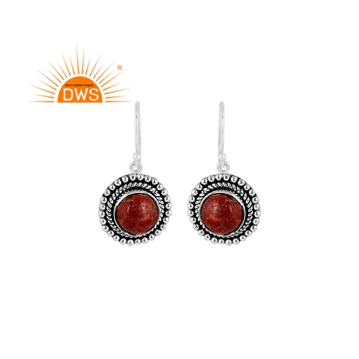 Natural Round Cut Red Sponge Coral Gemstone Girl's Earrings 925 Sterling Silver Oxidized Dangle Earrings Manufacturer