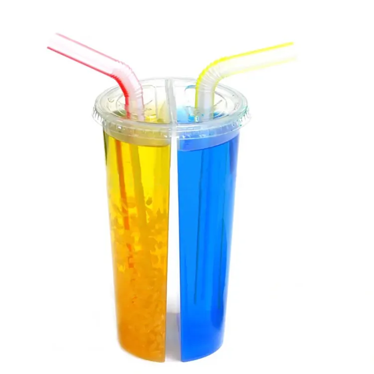 2 Compartment Disposable PP Cold Drink Bubble Tea Cup Wholesale Injection Molded Plastic Cup With Lid