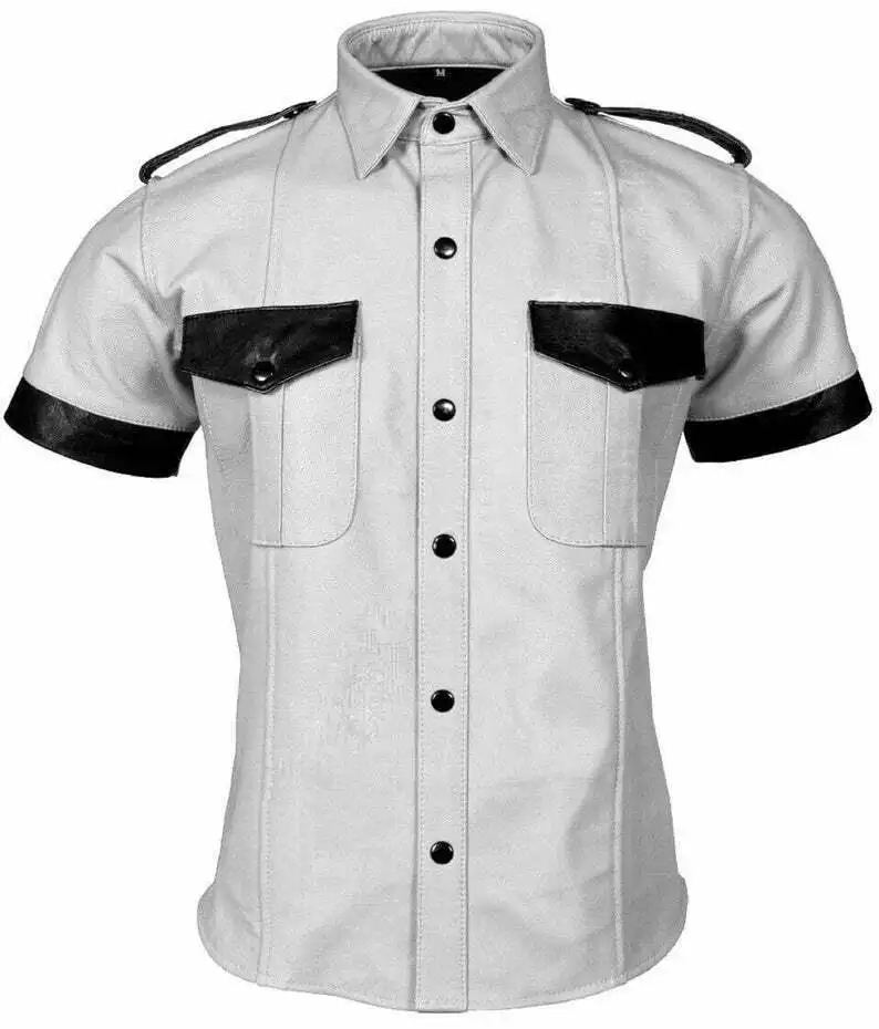 Men Hot SEXY Genuine Real Black Grey Sheepskin Leather Shirt Gay Genuine Leather Men Shirt In Wholesale