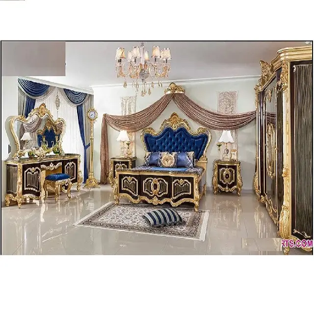 이탈리아 스타일 단단한 나무 침실 가구 세트 골동품 황금 조각 침실 세트 최고의 수제 킹 사이즈 침실 가구