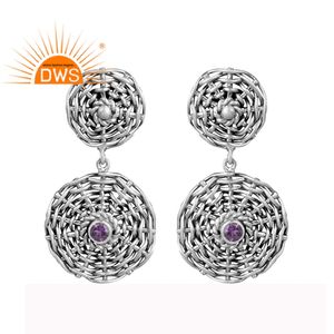 Pendientes Largos de Plata 925 con Diseño Tejido y Oxidado, Proveedor de Joyería, Pendientes con Gemas de Amatista Natural - Product Image 1