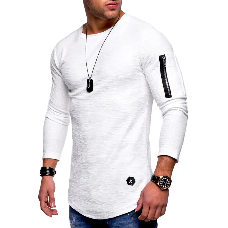 100 Cotton Side Pocket Men's Long Sleeve T-Shirt Garment Quick Dry Slim Fit Running Gym Fitness Tee