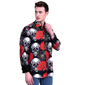 Black and Red Skull Printed Men Cotton Long Sleeve Custom Printed Shirt - Product Image 2