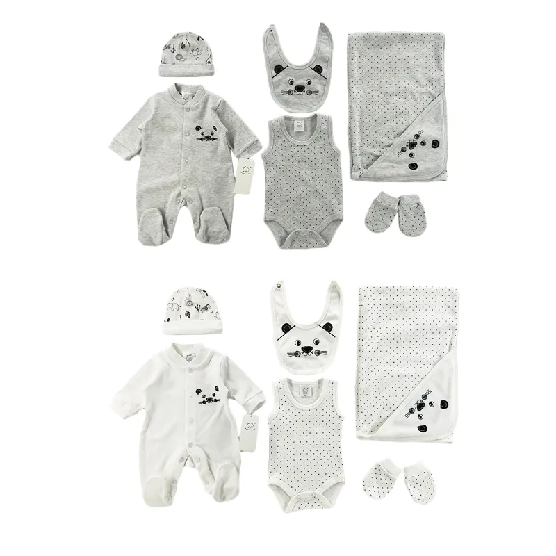 2021 Newborn Baby Kids Boy Gift Clothing Set Cotton Layette 6 PCS romper Set with bodysuit, blanket, Hat, Glove and Bib