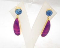 Ensemble de boucles d'oreilles clous en argent sterling plaqué or avec agate violette, druzy bleu et perle d'eau douce, serti clos, fait main, double