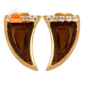 Fabulous Gold Plated Silver Smoky Topaz Gemstone Horn Shape Post Stud Earrings For Women Jewelry Supplier