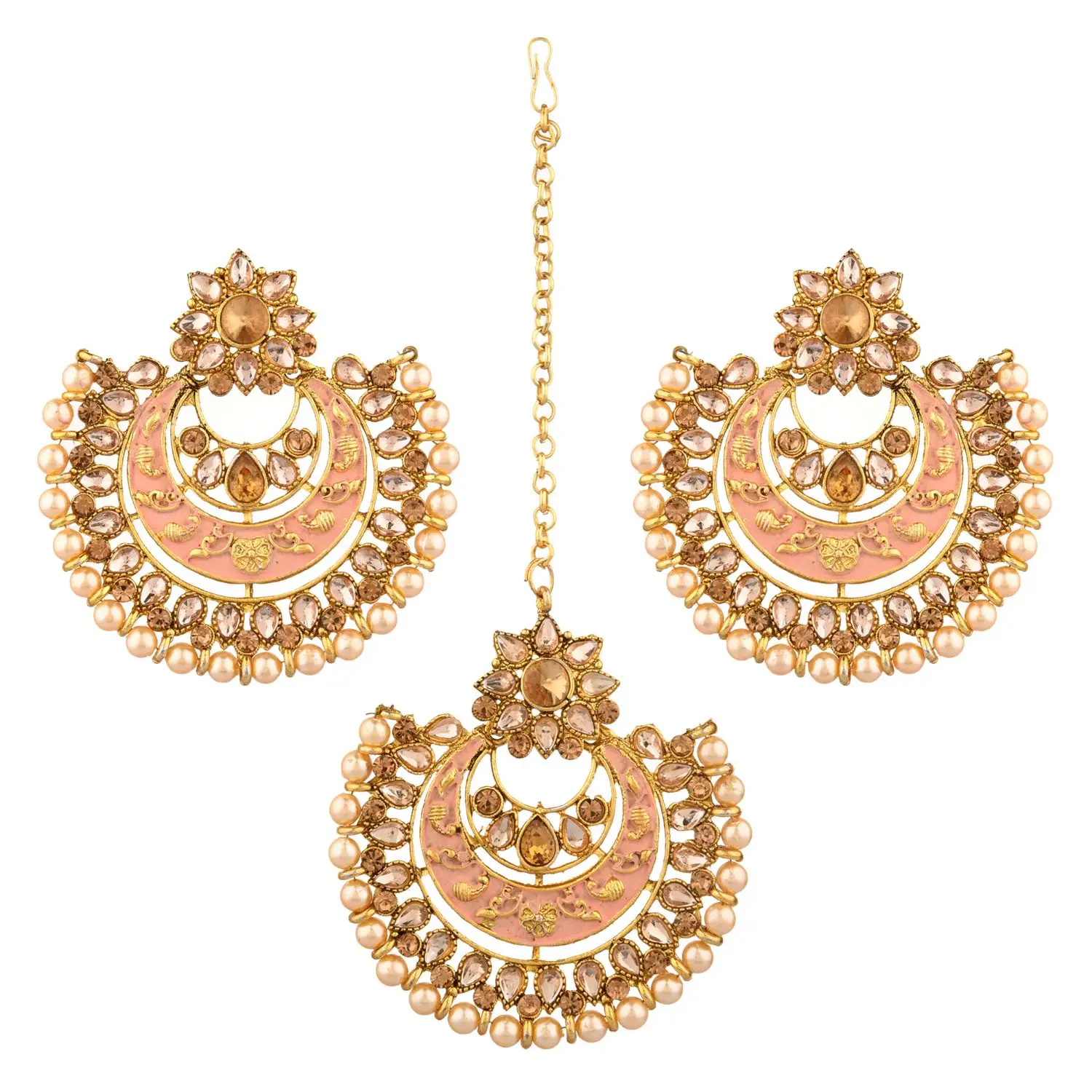 Indian Maang Tikka Earrings Set Bollywood Crystal Rhinestone Head Chain Dangle Jhumka Earrings Jewelry Set