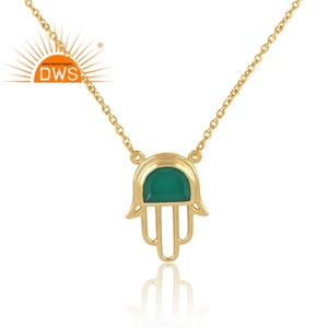 Collar de Piedra de Ónix Verde con Baño de Oro, Diseño de Hamsa Sagrada, Cadena de Plata de Ley, Proveedor de Joyería - Product Image 2