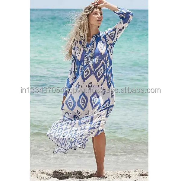 Vestido largo hippie de algodón con estampado de Ikat para verano, caftán azul con estampado flotante para mujer