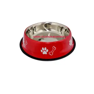 Glossy Red Paw Print Stainless Steel Metal Pet Bowls and Feeder Handmade Direct OEM Factory Sale