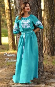 Haute qualité élégante robe de soirée dame ukrainienne Floral brodé motif bouffée à manches longues étage longueur tissé tissu plage - Product Image 4