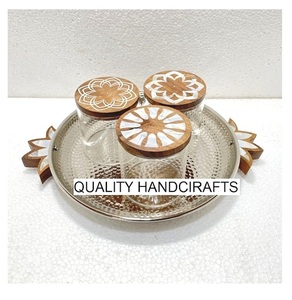 Plateau de service créatif en nacre et bois avec boîte en acrylique, taille personnalisée, ensemble décoratif de 3 pièces - Product Image 1