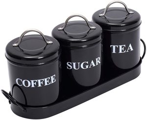 <b>Set</b> of 3 Iron <b>Tea</b> <b>Coffee</b> <b>Sugar</b> Jar in Black Color - Product Image 1