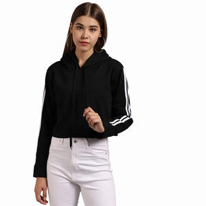 Top court à capuche pour femme, sweat-shirt féminin à la mode, couleur noire pure, cordon de serrage, manches longues, 2020 - Product Image 3