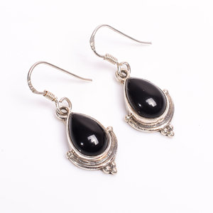 925 <b>Sterling</b> <b>Silver</b> Vintage Style Pear Shaped Black Onyx <b>Earrings</b> Wire Hook <b>Hoop</b> Drop Bezel Setting Gemstone for Engagements - Product Image 4