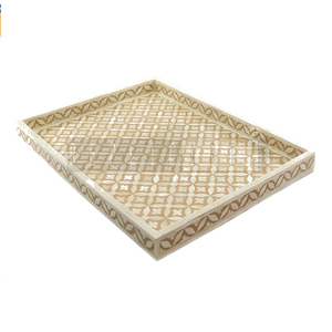 Plateau de service en bois artisanal Art Déco à motifs géométriques horizontaux |   Plateau rectangulaire multifonctionnel pour thé et café, décoration - Product Image 1