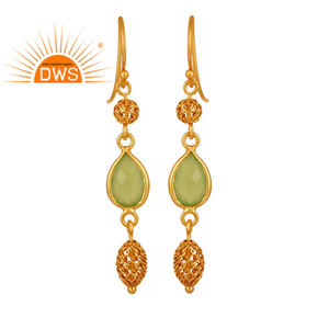 Pendientes Colgantes de Prehnita y Calcedonia, Diseño de Plata 925 Chapada en Oro, Hechos a Mano, Proveedor de Joyería India - Product Image 1