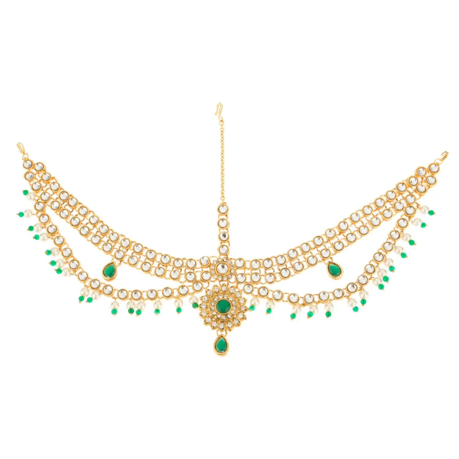 Traditional Indian White and Green Kundan American Diamond and Pearls Head Jewelry Design for Wedding and Bridal