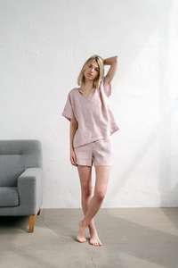 Mini robe en satin rose clair, col en v, sans imprimé, manches courtes, tenue courte à poches, sexy, robe de nuit pour femmes, nouveau design 2019 - Product Image 4
