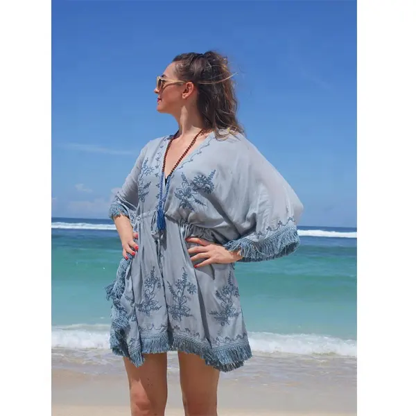 Stately Coastline Beach Wear Flora Embroidered Fringe Lace Front Open Lady Kimono Fashionable Women's Boho Kaftan Beach Cover Up