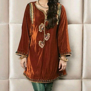 NEW--DAZZLING EMBROIDERY ON STYLISH VELVET KAMEEZ , BROCADE PANT WITH DRESS--for Party-WEAR/WEDDING@2021 - Product Image 1
