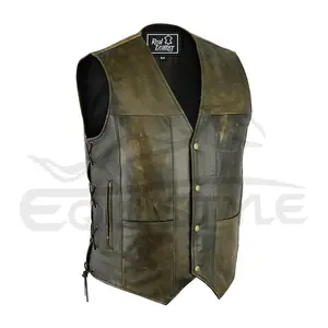 Gilet de Cowboy en cuir pour hommes, taille personnalisée, deux poches avant avec lacets latéraux, tresses, Style Vintage, gilet de mode, OEM