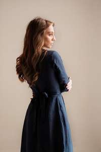 New women fashionable fitting black crepe turn-down collar solid floor-length <b>long</b> sleeve to pock for <b>sexy</b> women linen <b>dress</b> - Product Image 6