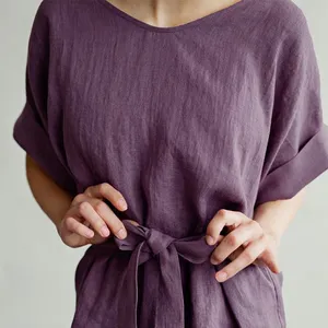 2023 nuovo Design abito Kimono in puro lino viola profondo con abito a vestaglia mezze maniche realizzato con 100% lino.