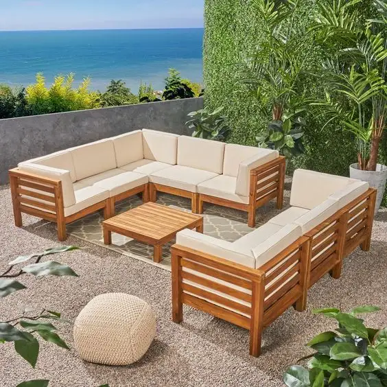 Set sofa luar ruangan kayu jati desain Modern untuk furnitur taman dengan bantal