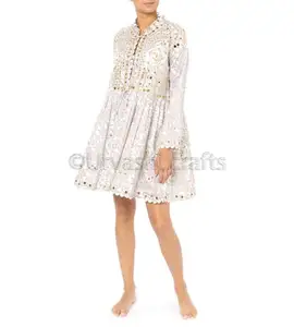 ミラーワーク長袖ジャケット膝丈セクシーなナイトパーティーウェアで刺繍されたカスタム女性の高級。ショートドレス