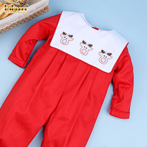 ODM OEM Barboteuse smockée à manches longues pour bébés garçons avec broderie de renne Winter-BB1328 100% coton - Product Image 1